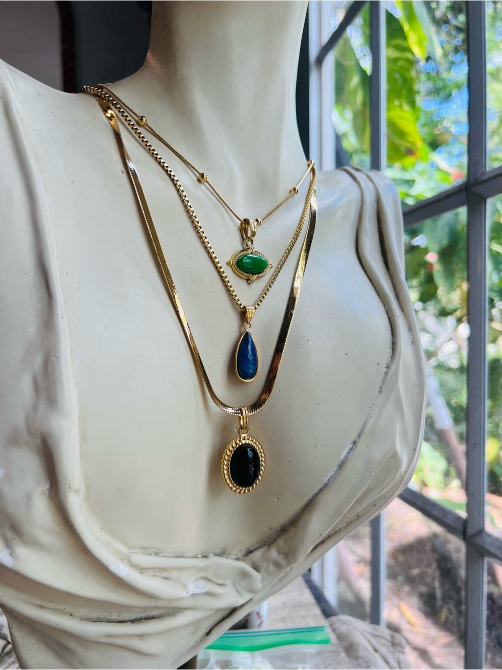Savvy Cie Gold Necklace Set o’ 3 with Black Onyx Green Onyx & Lapis Lazuli